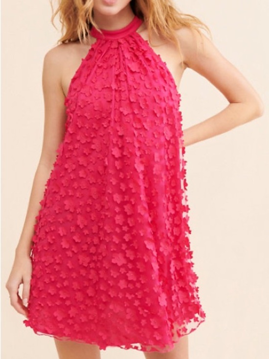 Eva Franco Dresses & Skirts - Eva Franco Pink Halter A-Line Shift Dress with 3D Floral Appliqués